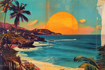 Retro tropical beach with collage art abstract background. Generative ai.