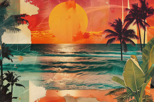Retro tropical beach with collage art abstract background. Generative ai.