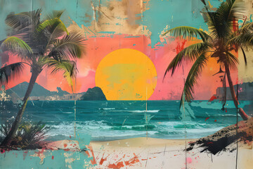 Retro tropical beach with collage art abstract background. Generative ai.