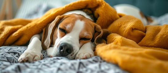 The beagle, a fawn-colored scent hound and carnivore, is peacefully snoozing under a cozy yellow blanket on a comfy bed, providing comfort as a companion dog.