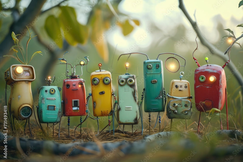 Poster a collection of small robots lined up next to each other in a neat formation, a whimsical version of