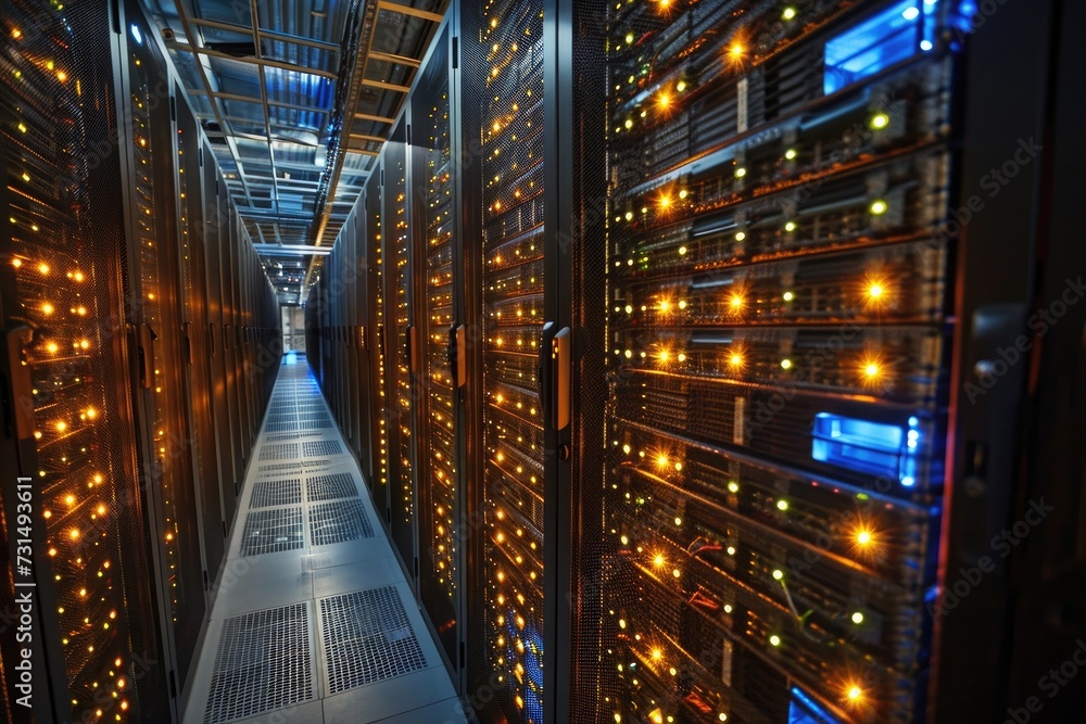 Poster a busy data center with multiple racks of servers neatly aligned in rows, showcasing the facilitys a