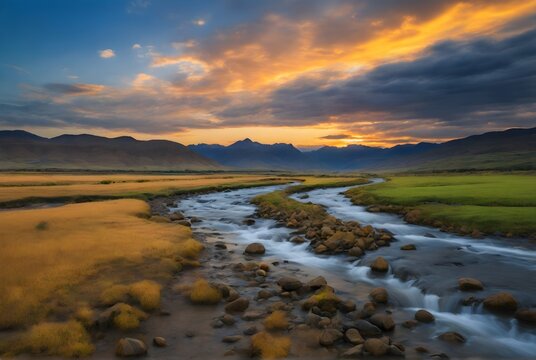 Paisaje de un rio en una pradera en tonos verdes y amarillos, monta&ntilde;as azules, cielo con nubes en tonos naranja y amarillos al atardecer.