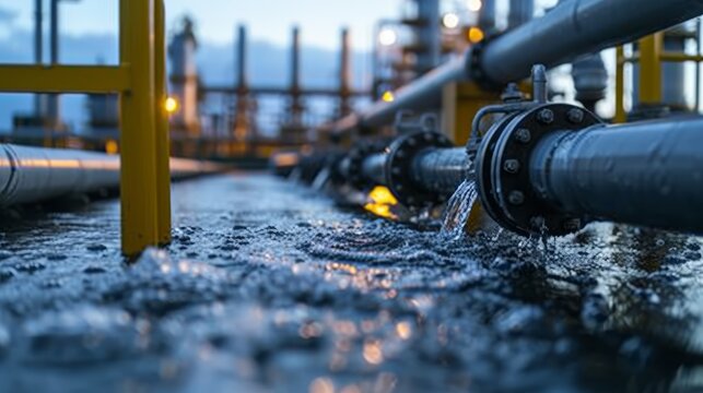 Water flowing from the pipes of an oil and gas power plant