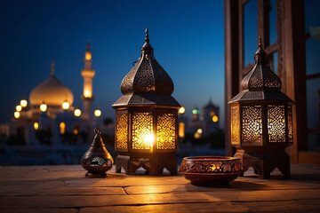 Fototapeta premium Ramadan Kareem & Eid Mubarak: Mosque Lamp in the Evening