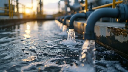 Water flowing from the pipes of an oil and gas power plant - obrazy, fototapety, plakaty