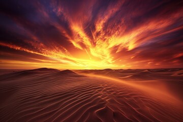 The sun sets over the vast expanse of a desert, illuminating the landscape in warm hues of orange and gold, A windswept desert under a vivid sunset, AI Generated