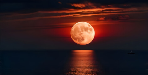 dramatic natural sky,round moon on the sea,red clouds