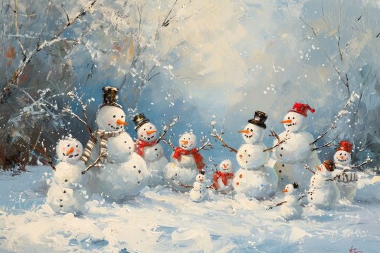 A painting showcasing a group of snowmen standing together in a snowy landscape, A winter landscape with multiple snowmen representing a cheerful family gathering, AI Generated