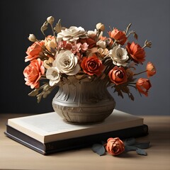 Blooms of Knowledge: Flower Vase Adorning a Tower of Books