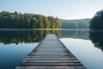  Wooden Dock Positioned on Top of a Lake, A wooden jetty projecting into a serene lake with a line of trees in the background, AI Generated © Iftikhar alam