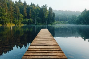 Deurstickers Wooden Dock in the Middle of a Lake, A wooden jetty projecting into a serene lake with a line of trees in the background, AI Generated © Iftikhar alam