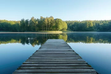 Poster Wooden Dock on Lake Surrounded by Forest, A wooden jetty projecting into a serene lake with a line of trees in the background, AI Generated © Iftikhar alam