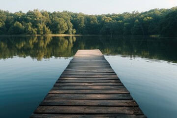Fototapeta na wymiar A wooden dock stretches out into a serene lake, surrounded by lush trees, A wooden jetty projecting into a serene lake with a line of trees in the background, AI Generated