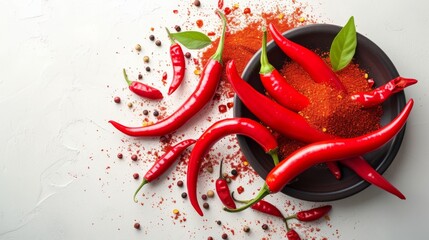 Red hot chili peppers and powder isolated on white background