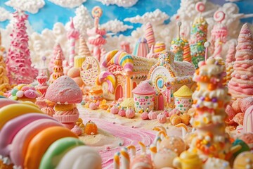 A bustling, sugary paradise showcasing a variety of brightly colored candies, A world made of candy and sweets to celebrate a sweet-toothed birthday, AI Generated