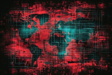 A photograph showing a world map in shades of red and green against a black background, A world map showing global cyber attacks, AI Generated - obrazy, fototapety, plakaty