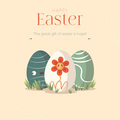 Vector Illustration of Happy Easter Holiday with Painted Egg, and Flower on Colorful Background. International Spring Celebration Design with Typography for Greeting Card, Party Invitation.