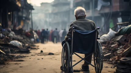 Obraz premium Elderly man in a wheelchair in front of the ruins destroyed in the war