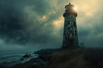 A striking lighthouse stands tall atop a rocky cliff, overlooking the vast ocean, Abandoned lighthouse under stormy skies, AI Generated - Powered by Adobe