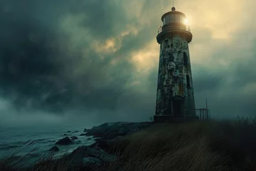 Foto op Canvas A striking lighthouse stands tall atop a rocky cliff, overlooking the vast ocean, Abandoned lighthouse under stormy skies, AI Generated © Iftikhar alam