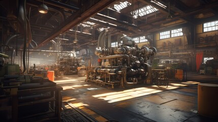 Interior of a factory workshop showcasing industrial machines in operation.