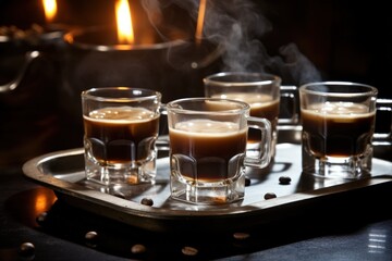 Fototapeta na wymiar A row of espresso cups filled with freshly brewed shots of espresso.