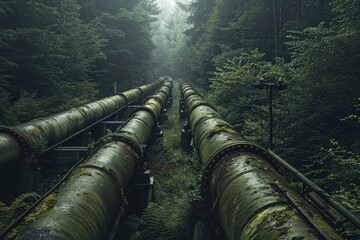 A photo of a massive steel pipe that stands prominently amidst the trees in a forest, Abandoned old industrial pipelines engulfed by nature, AI Generated