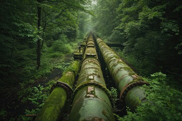 A photo capturing the presence of a massive pipe intersecting a dense forest landscape, Abandoned old industrial pipelines engulfed by nature, AI Generated