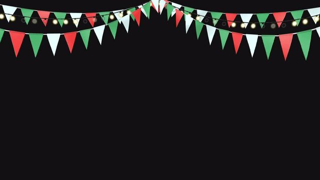 Christmas party decoration animation_4 lines party flag and stings of light_looped with an alpha channel