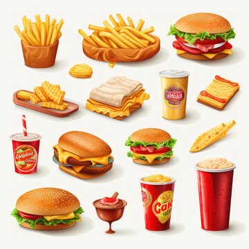 Fast food 3D cartoon illustration: French fries, burger.