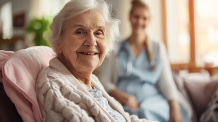 happy elderly woman resides in a nursing home