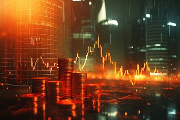 Stacks of Coins in Front of City Skyline, Abstract concept of deficit and financial downturns, AI Generated