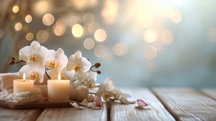 Serene spa ambience with candles and orchids 