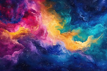 An abstract painting displaying vibrant clouds and stars in various hues and shapes, Abstract cosmic cloud painted with spectacular colors, AI Generated