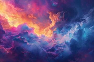 Fototapeta premium A vibrant sunset sky, adorned with fluffy clouds and twinkling stars, creates a mesmerizing display of colors, Abstract cosmic cloud painted with spectacular colors, AI Generated