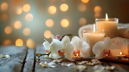 Serene spa ambience with candles and orchids 