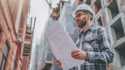 An engineer in a hard hat and with a plan in his hands looks at the building
