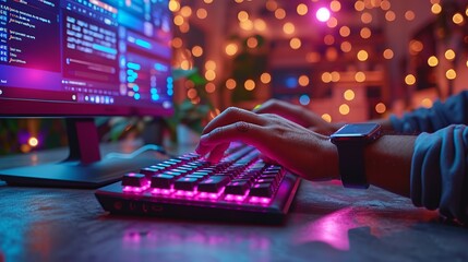 In the development of cutting-edge AI technology, a programmer's hands typing on an advanced illuminated keyboard are highlighted in a close-up.	Generative AI