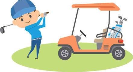 ゴルフをする男性とゴルフカートのイメージイラスト