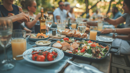 Friends dinner at a large table
