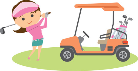 ゴルフをする女性とゴルフカートのイメージイラスト
