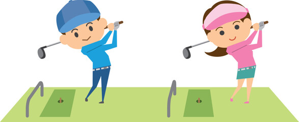 ゴルフ練習場でスイングをする男女のイメージイラスト