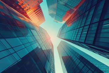 An upward perspective of tall buildings reaching towards the sky in a bustling city, Abstract representation of urban skyscrapers, AI Generated - obrazy, fototapety, plakaty