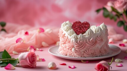 a pink heart shaped cake on a pink table - valentines day concept