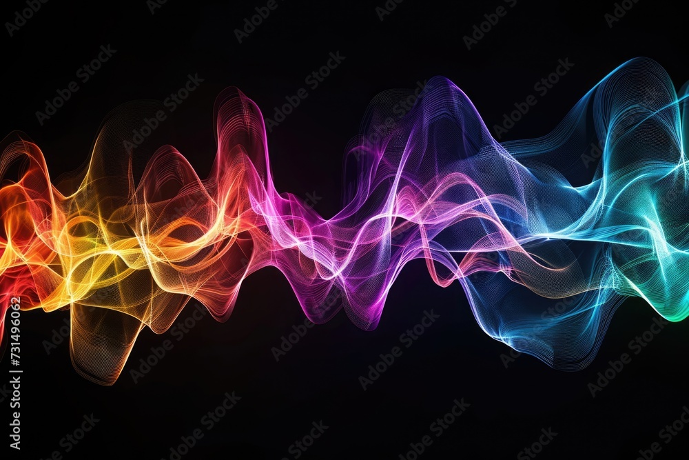Poster vibrant multicolored light wave on black background, abstract visualization of sound waves in multic
