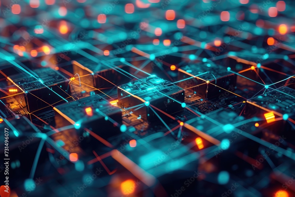 Poster close up view of a qwerty computer keyboard with backlit keys, abstract visuals symbolizing blockcha