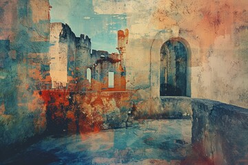 A realistic painting depicting an aged building showcasing a weathered wooden door, Abstract view of an old European castle, AI Generated