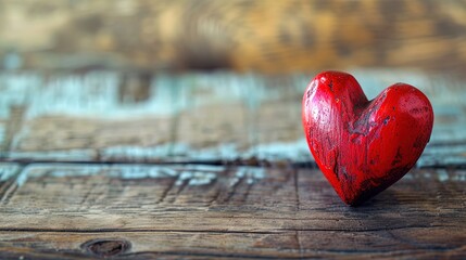 Fototapeta premium Love Ignites! Red Heart on Rustic Wooden Table Sets the Scene for Passionate Valentine's Day Romance. Capture Love's Essence in Every Moment!
