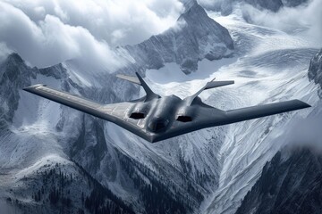 A military plane flies through the air over a stunning mountain range, showcasing the power and...